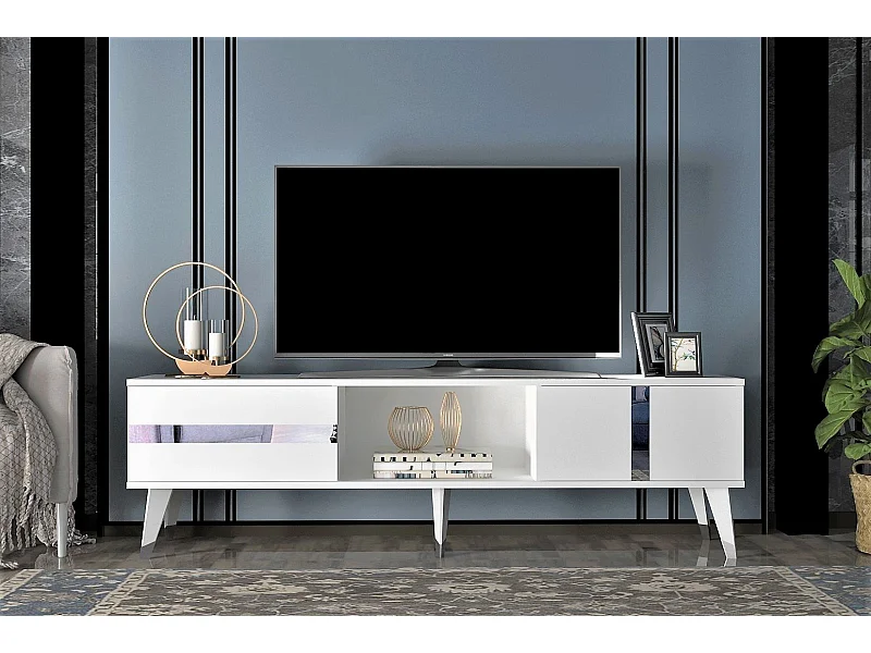 Mesa de tv Kailua 1871, Plata|Blanco, 150x50x30cm