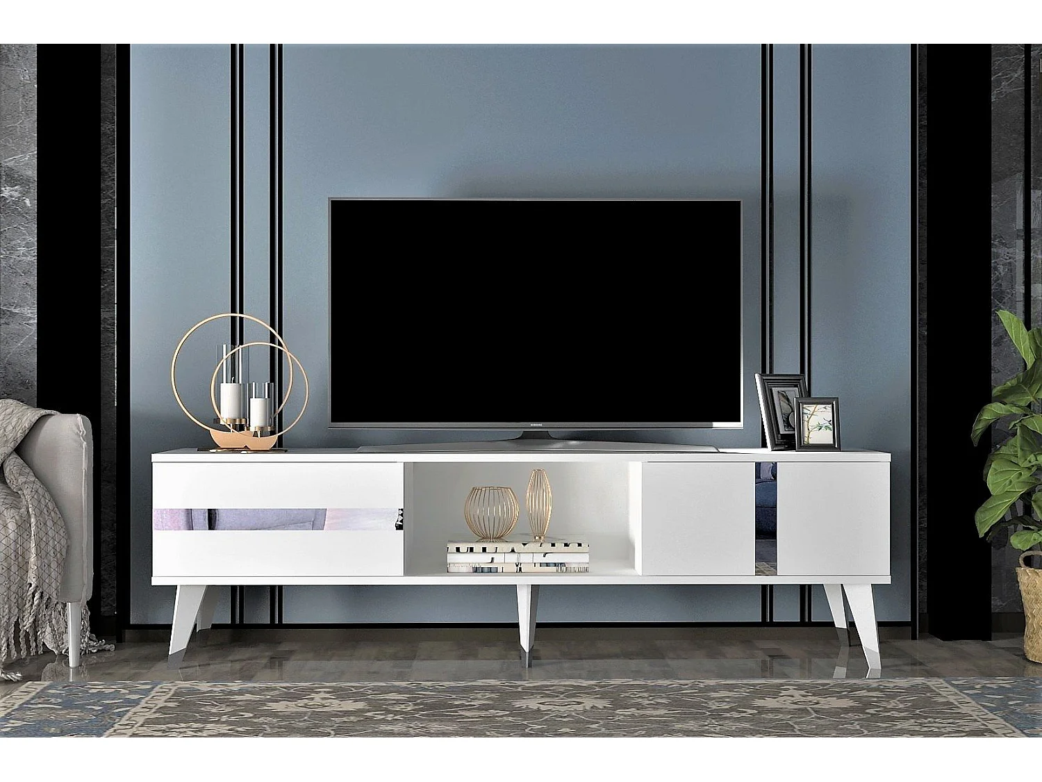 Mesa de tv Kailua 1871, Plata|Blanco, 150x50x30cm