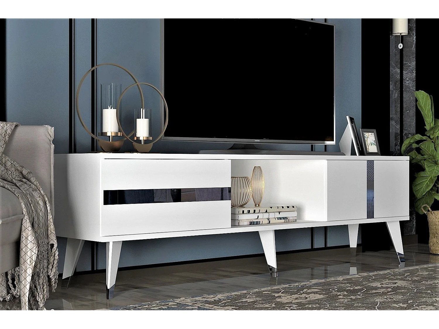Mesa de tv Kailua 1871, Plata|Blanco, 150x50x30cm