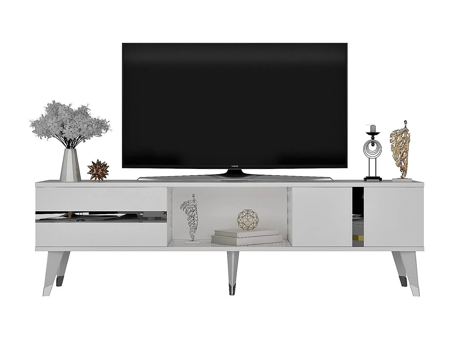 Mesa de tv Kailua 1871, Plata|Blanco, 150x50x30cm