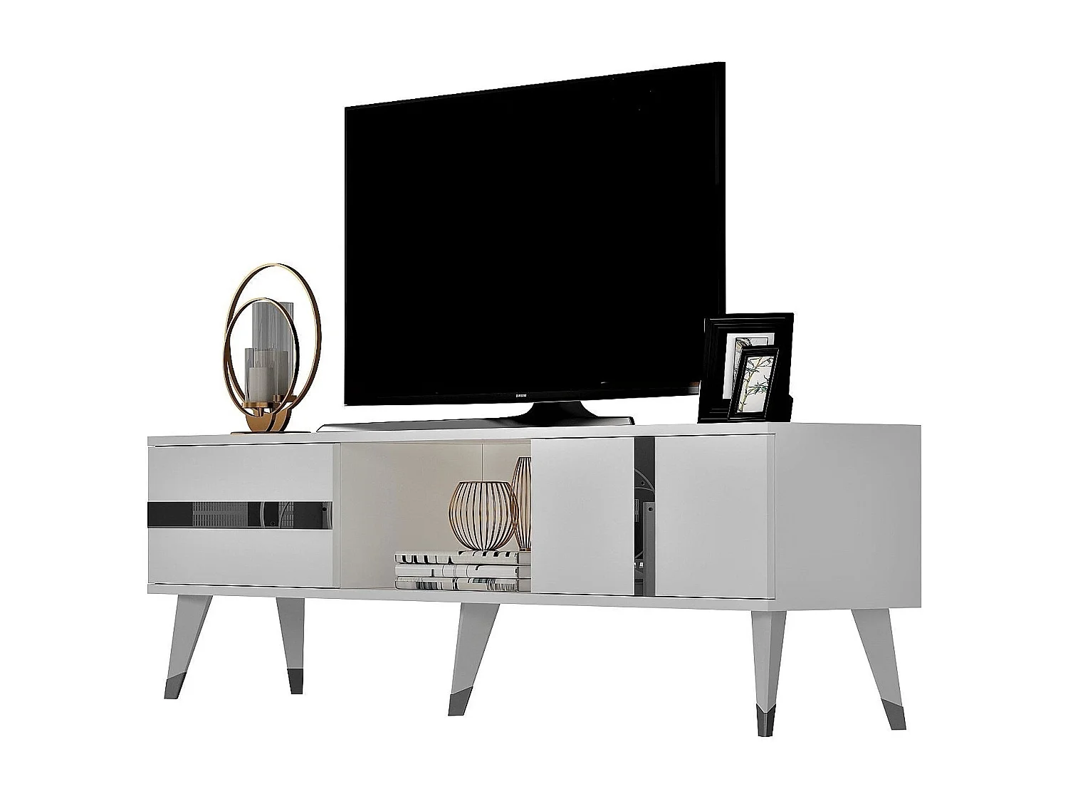Mesa de tv Kailua 1871, Plata|Blanco, 150x50x30cm