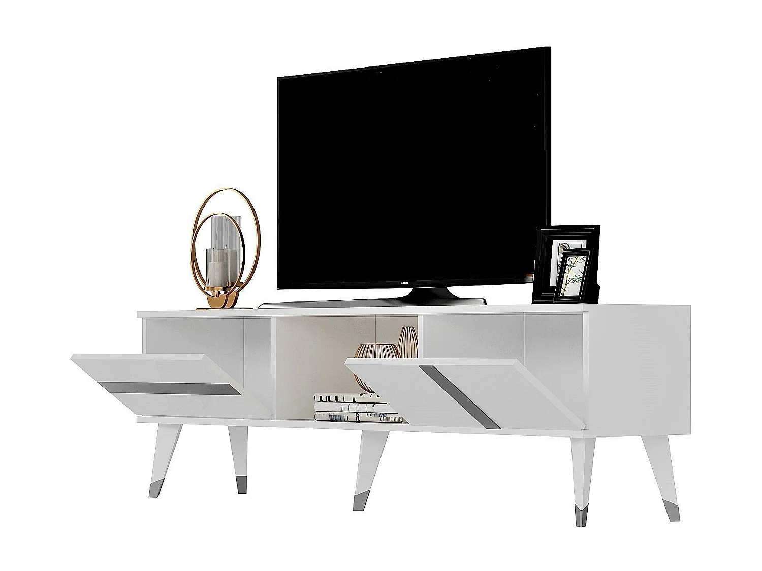 Mobile TV – 150 cm – Bianco e argento – Pannello truciolare