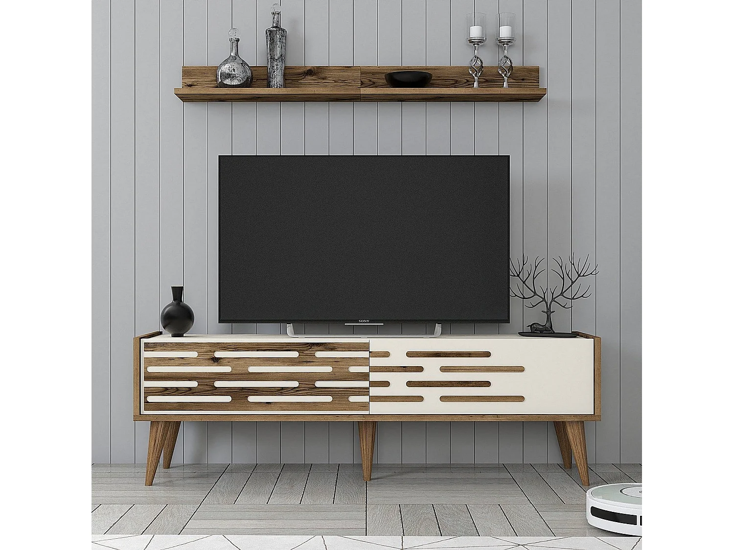 Móvel de TV – 140 x 35 x 45 cm – Nogueira e Creme – Melamina