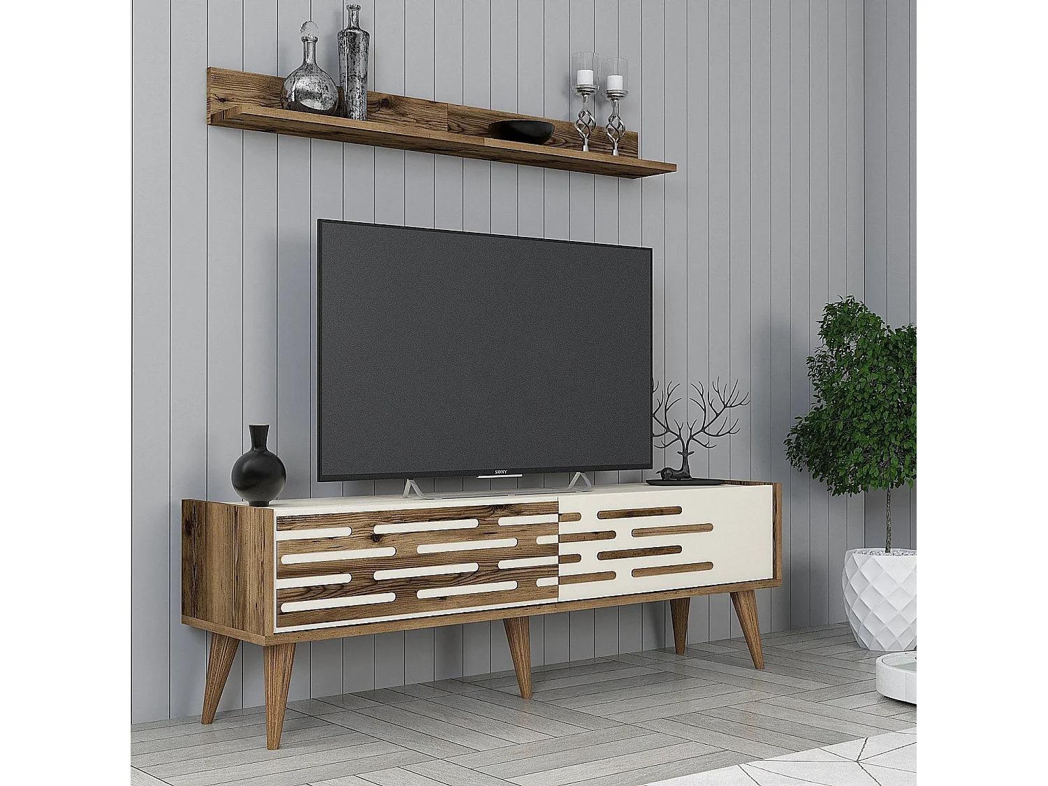 Móvel de TV – 140 x 35 x 45 cm – Nogueira e Creme – Melamina