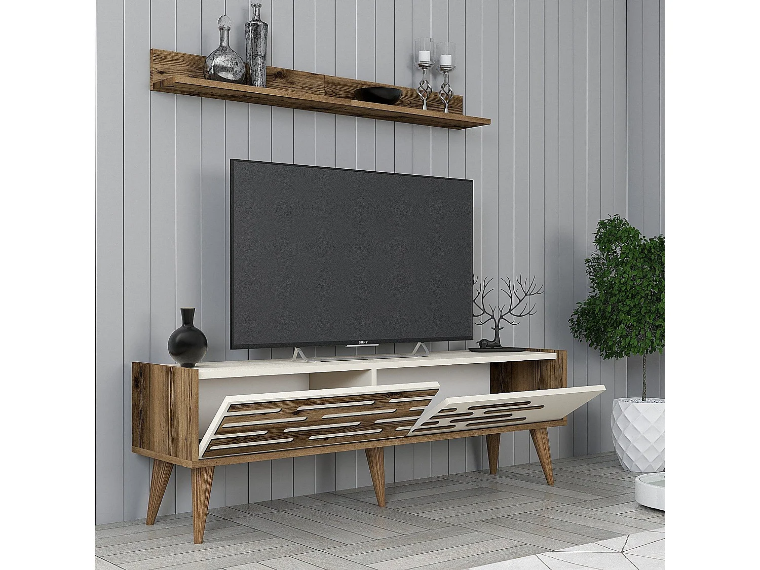 TV-Ständer – 140 x 35 x 45 cm – Walnuss und Creme – Melamin