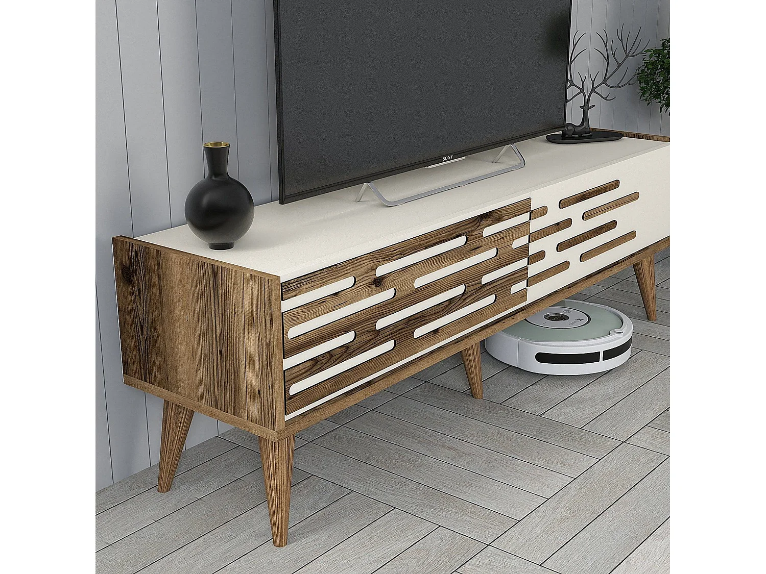 TV-Ständer – 140 x 35 x 45 cm – Walnuss und Creme – Melamin