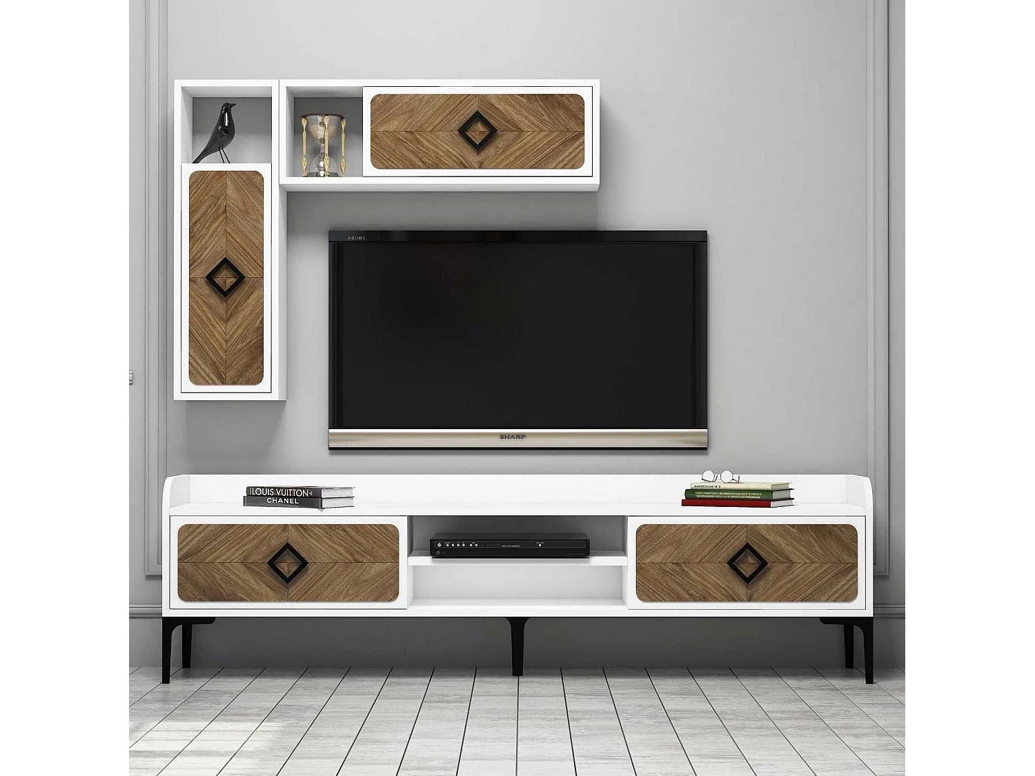 Mueble de TV moderno – 180 x 52 x 35 cm – blanco y nogal – melamina
