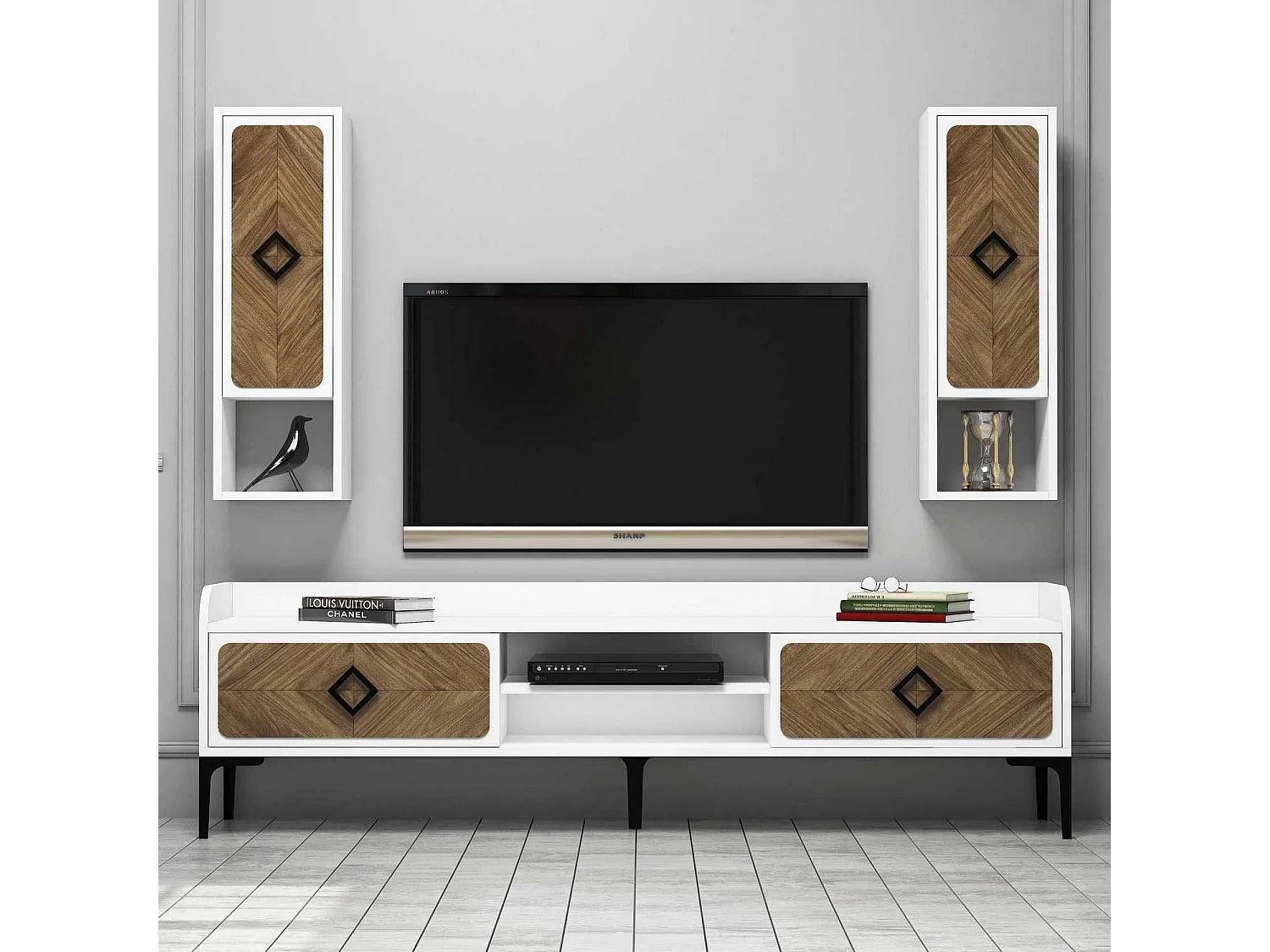 Mueble de TV moderno – 180 x 52 x 35 cm – blanco y nogal – melamina