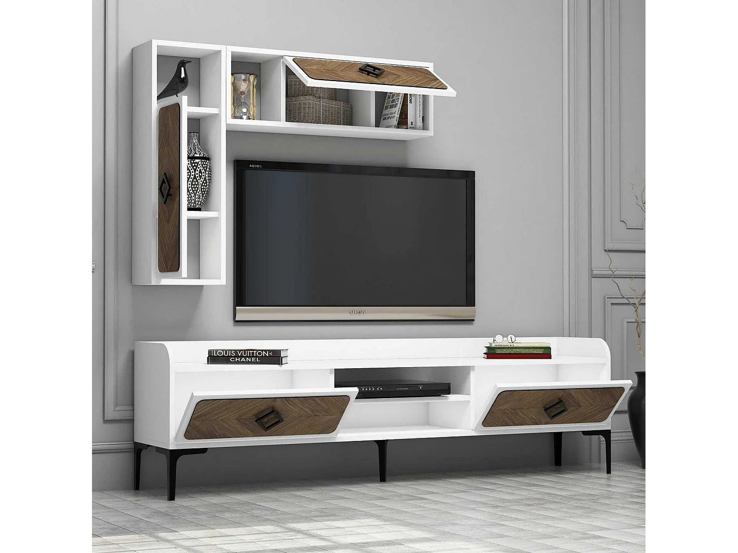 Mueble de TV moderno – 180 x 52 x 35 cm – blanco y nogal – melamina