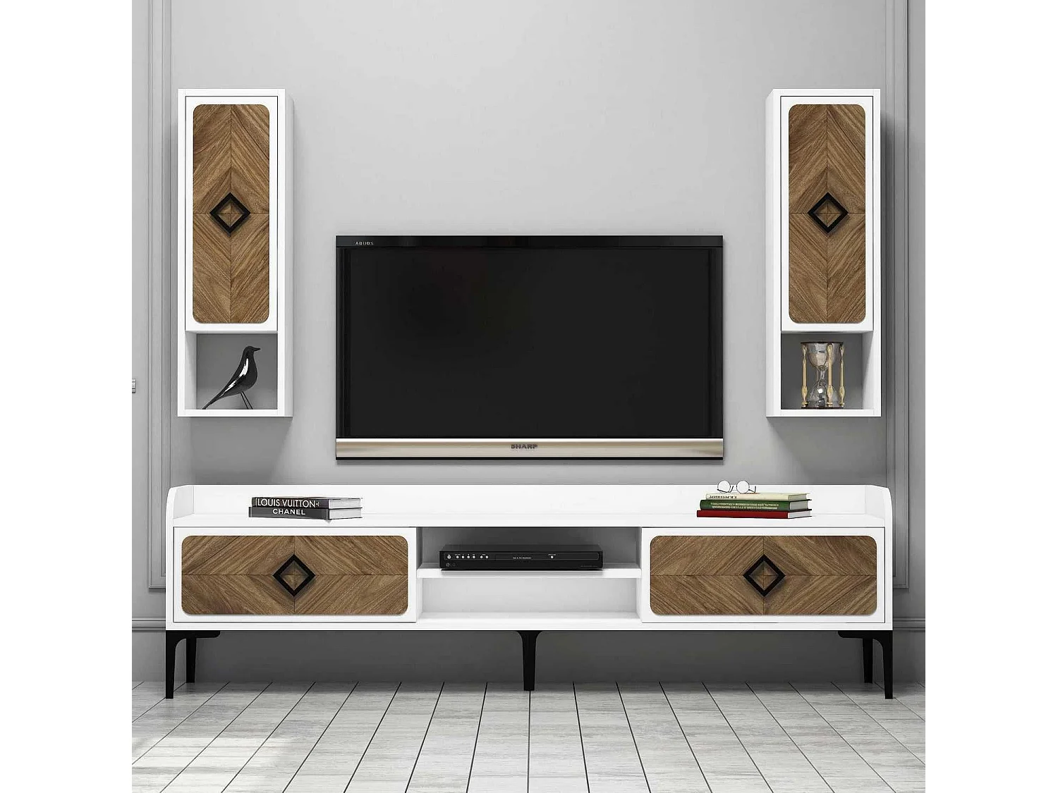 Mueble de TV moderno – 180 x 52 x 35 cm – blanco y nogal – melamina