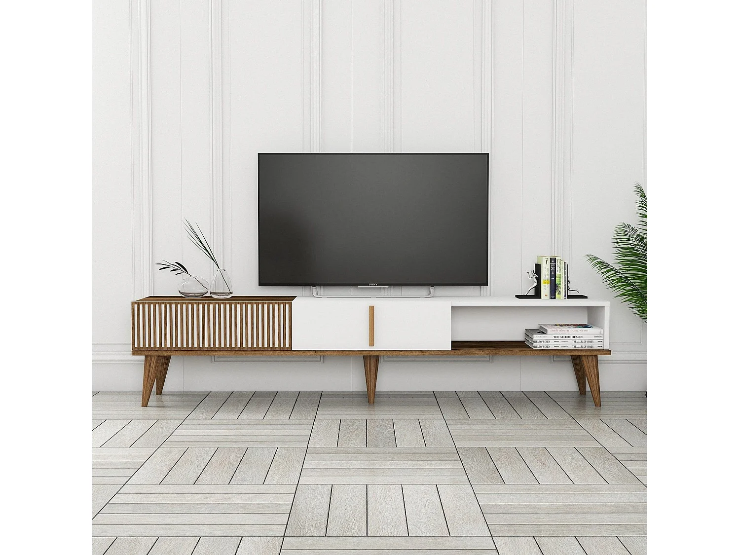Elegante mueble de TV – 180 x 40 x 35 cm – nogal y blanco – tablero de partículas revestido 100% melamina