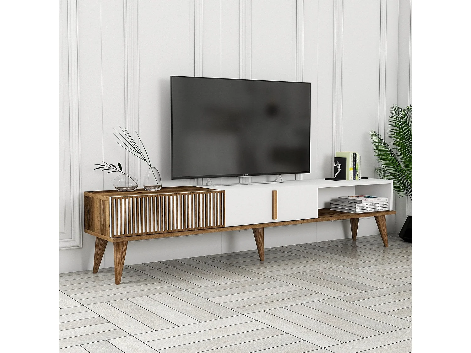 Elegante mueble de TV – 180 x 40 x 35 cm – nogal y blanco – tablero de partículas revestido 100% melamina