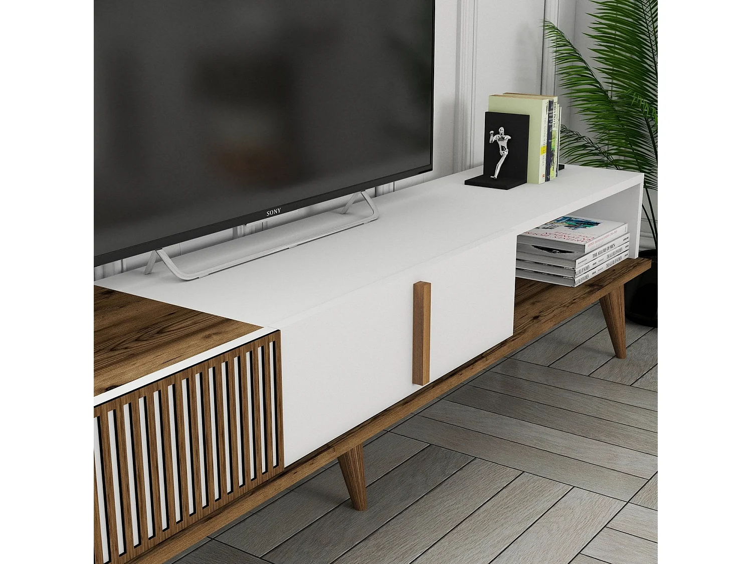 Elegante mueble de TV – 180 x 40 x 35 cm – nogal y blanco – tablero de partículas revestido 100% melamina