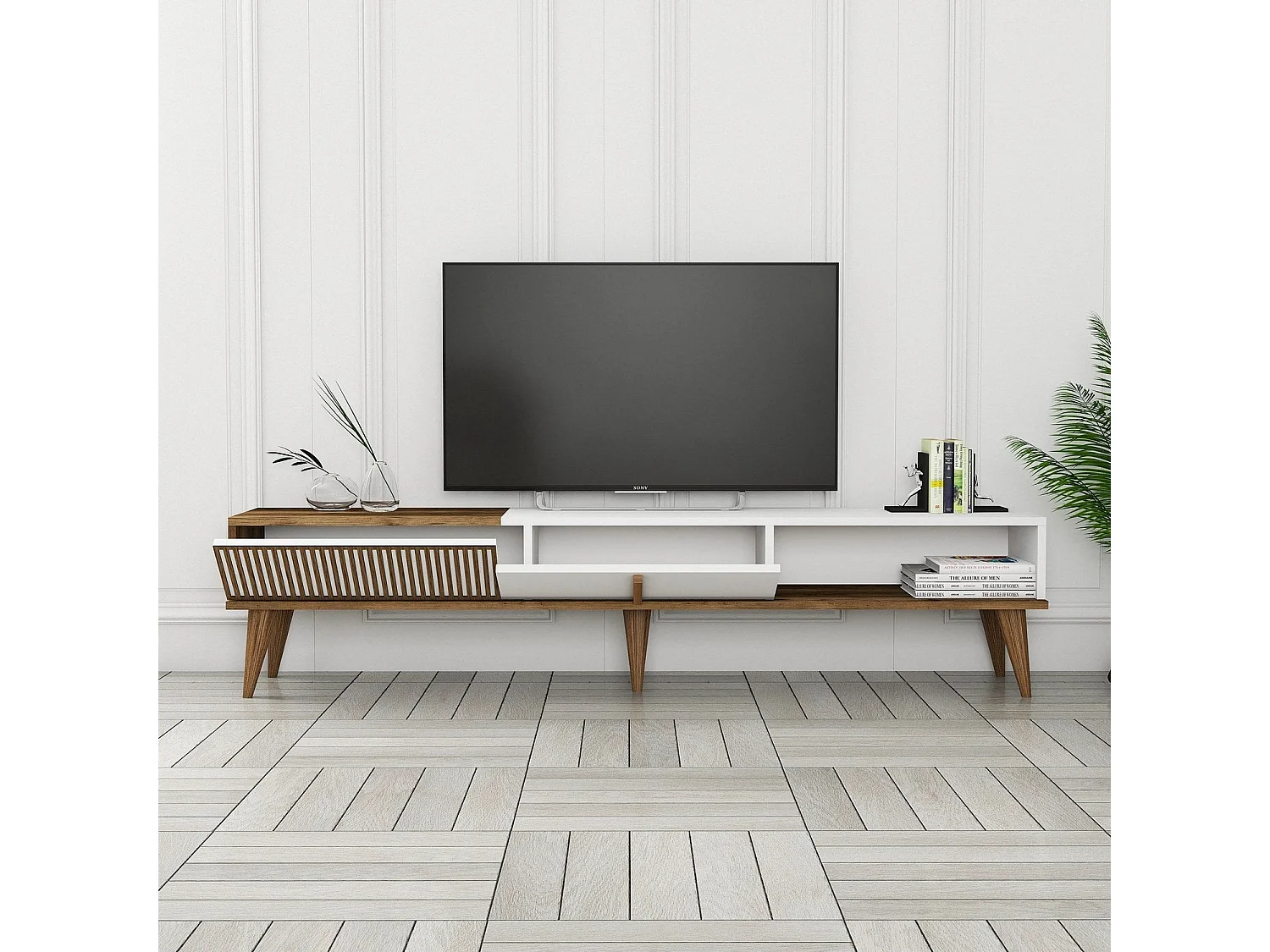 Elegante mueble de TV – 180 x 40 x 35 cm – nogal y blanco – tablero de partículas revestido 100% melamina