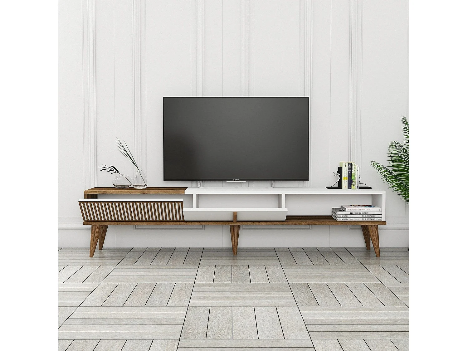 Eleganter TV-Ständer – 180 x 40 x 35 cm – Walnuss und Weiß – 100 % melaminbeschichtete Spanplatte