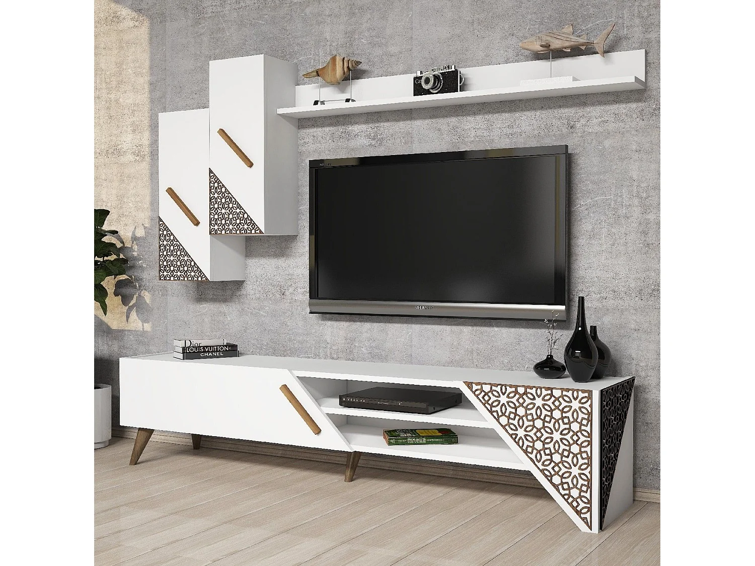 Mueble de TV moderno – 180x40x37 cm – Blanco – Melamina