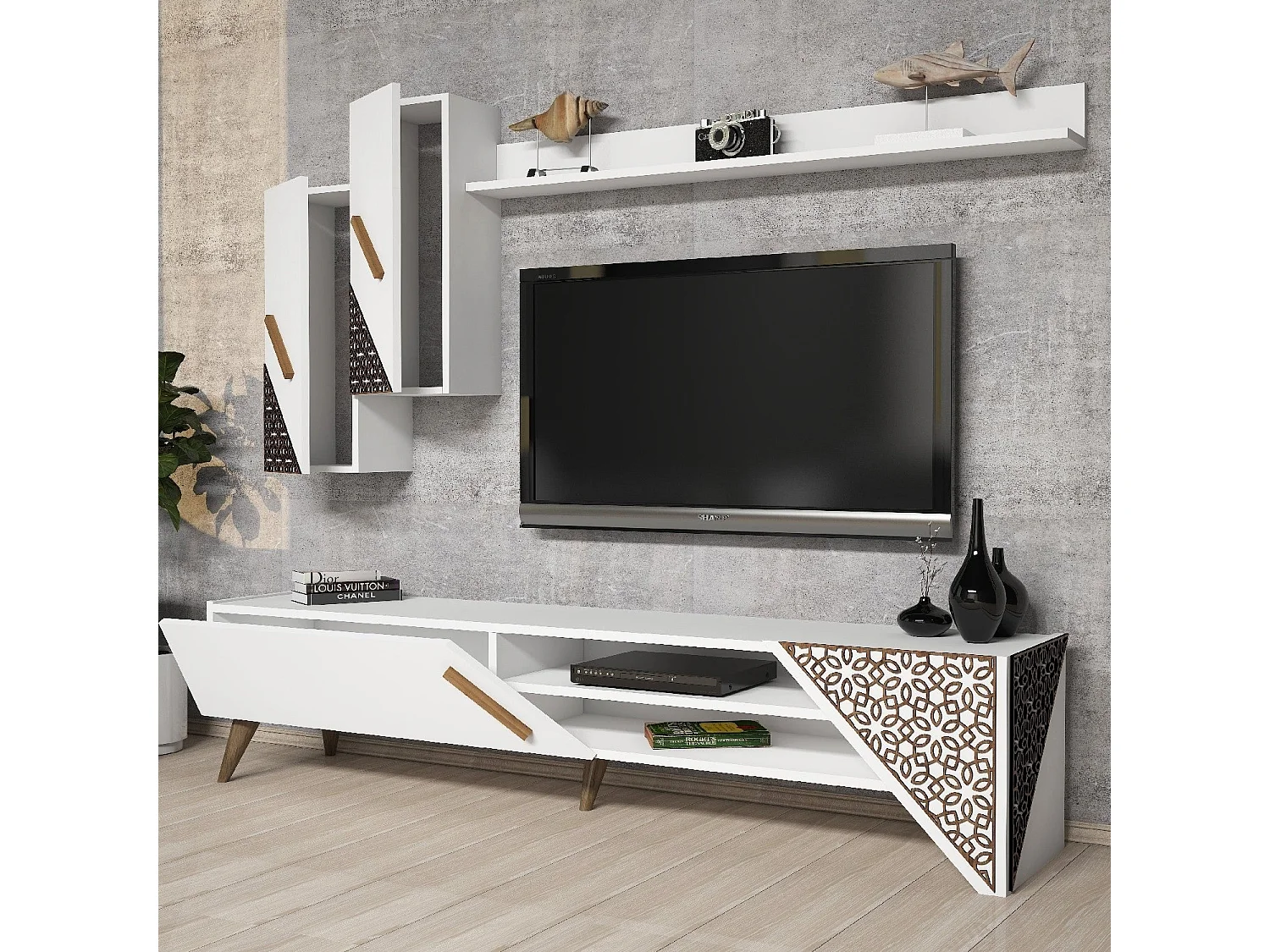 Mueble de TV moderno – 180x40x37 cm – Blanco – Melamina