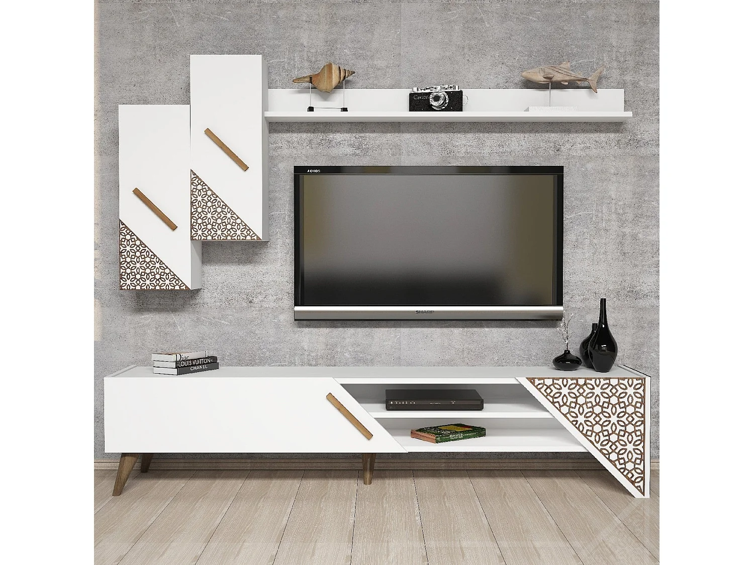 Mobile TV moderno – 180x40x37 cm – Bianco – Melaminico