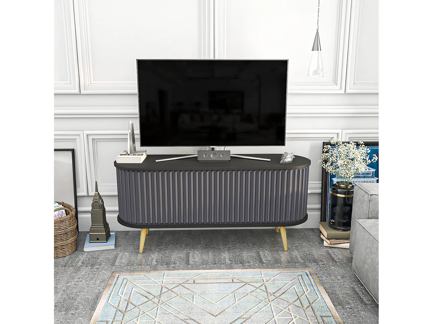 Meuble TV portes coulissantes Natera 140cm Noir et Anthracite