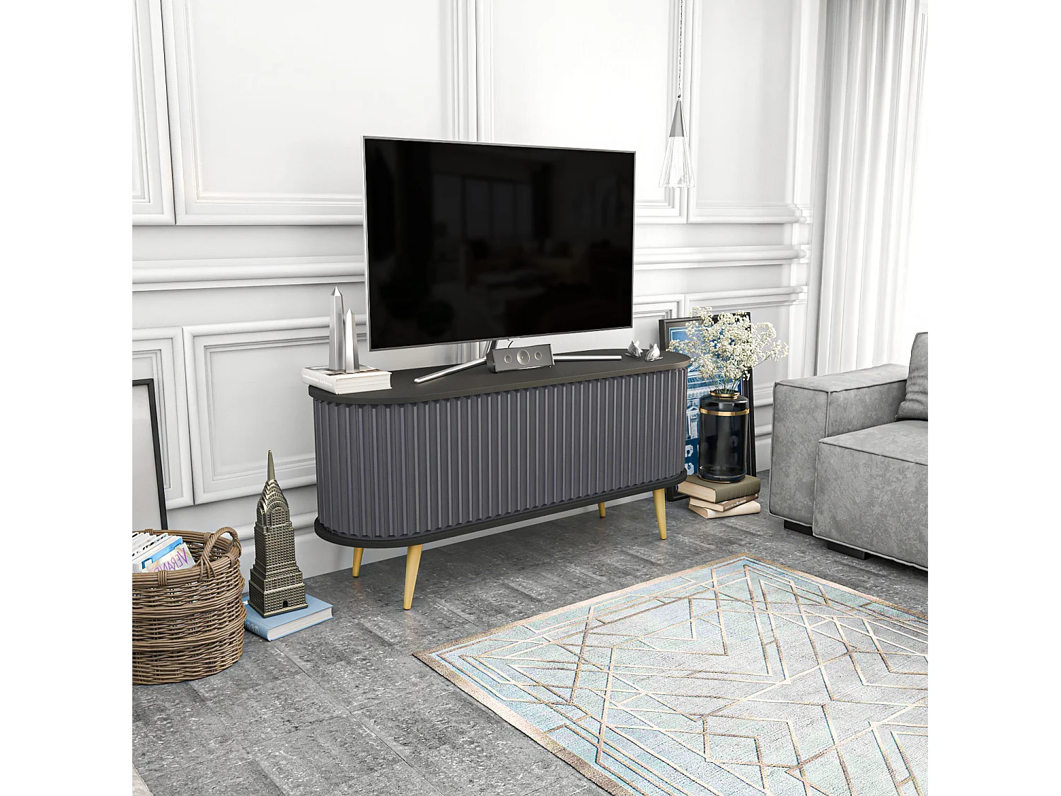 Meuble TV portes coulissantes Natera 140cm Noir et Anthracite