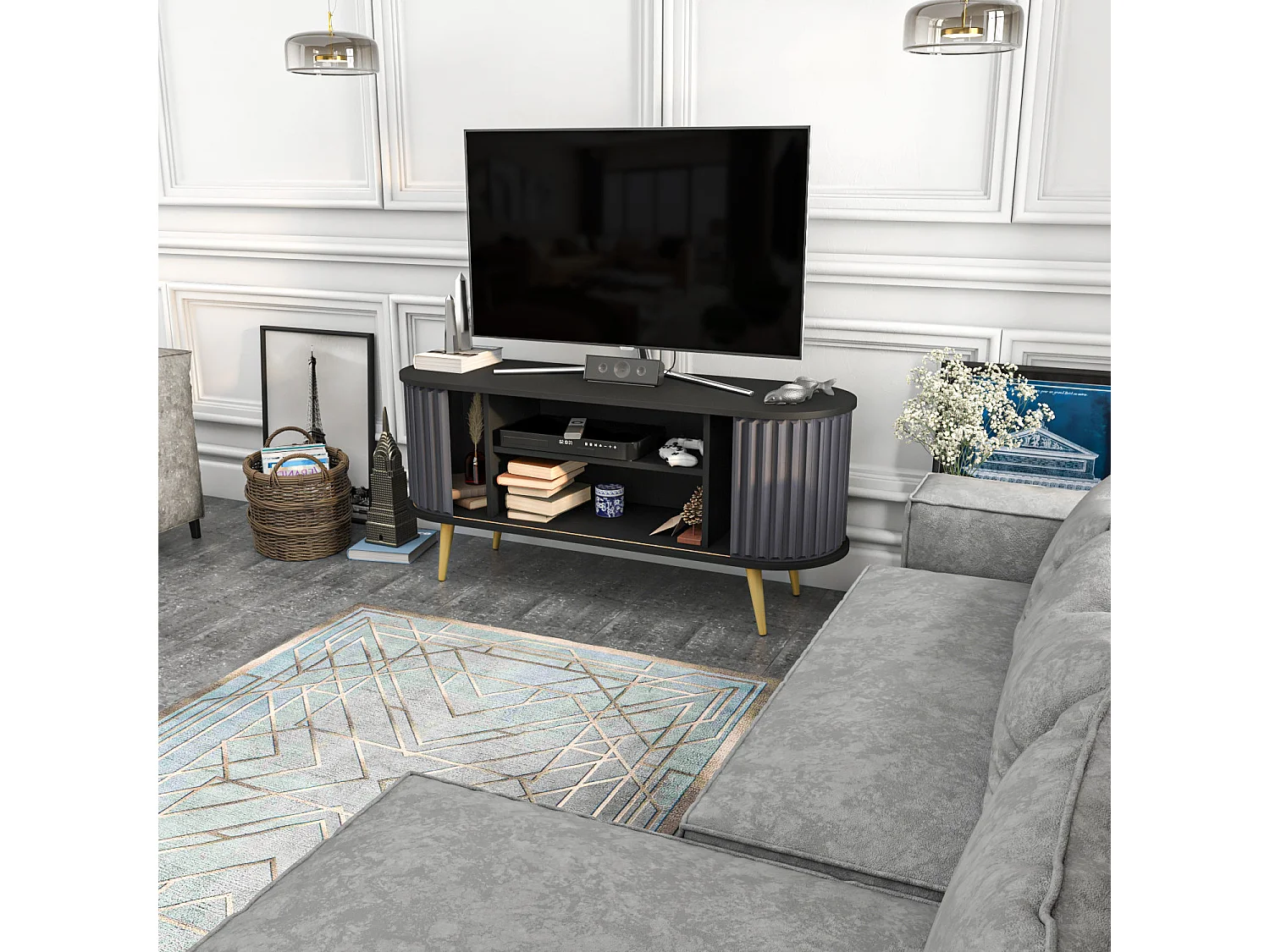 Meuble TV portes coulissantes Natera 140cm Noir et Anthracite