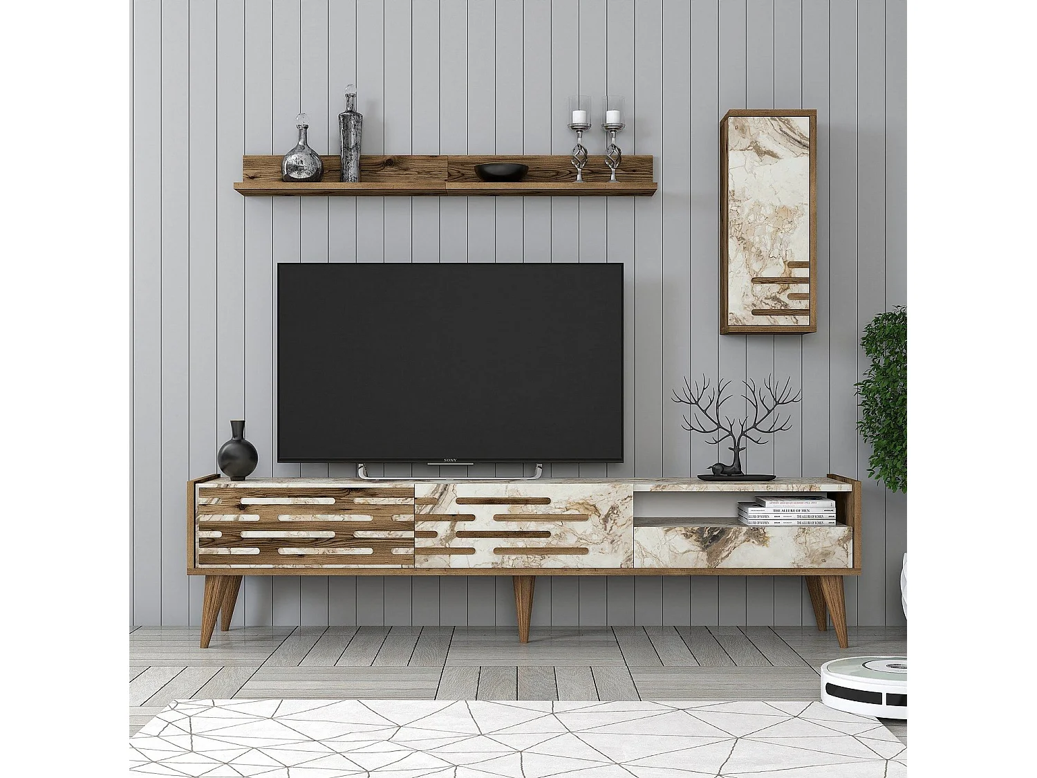 Móvel de TV elegante – 180 cm – nogueira e branco – melamina