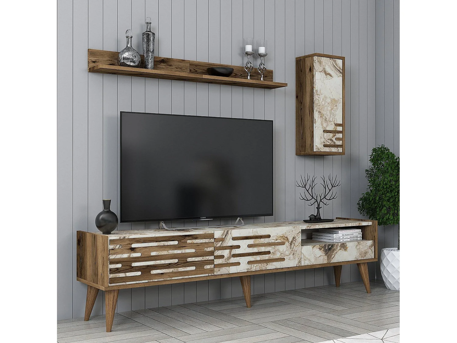 Móvel de TV elegante – 180 cm – nogueira e branco – melamina