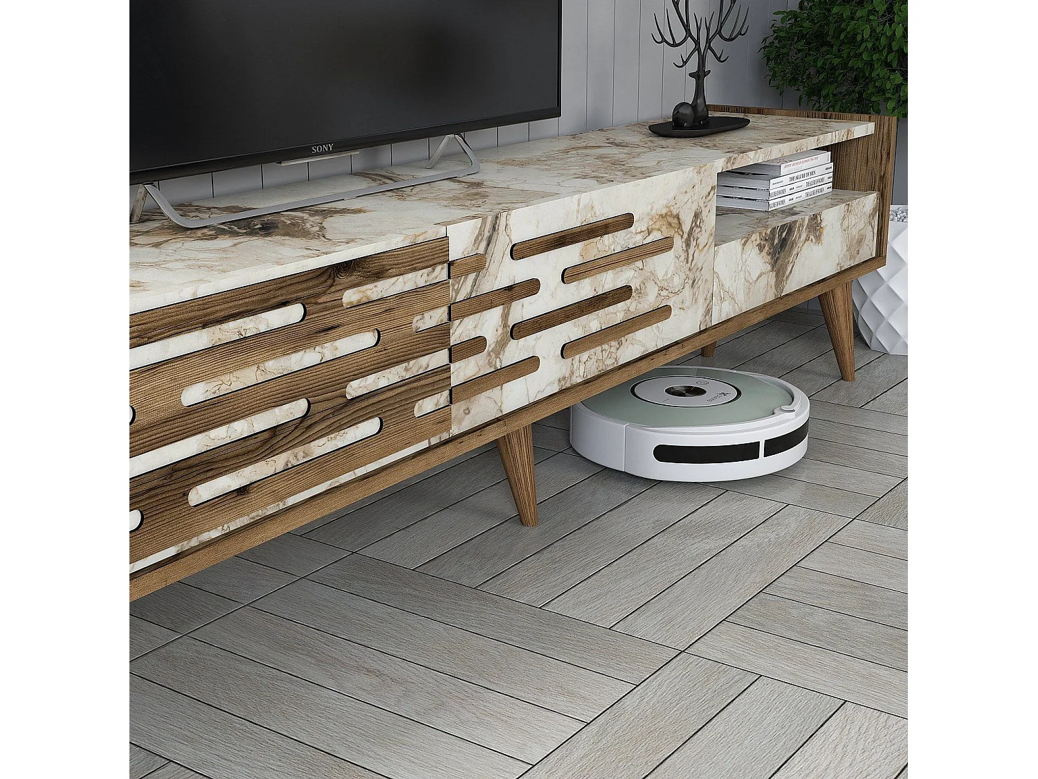 Móvel de TV elegante – 180 cm – nogueira e branco – melamina