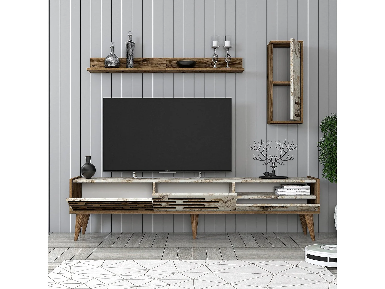 Móvel de TV elegante – 180 cm – nogueira e branco – melamina
