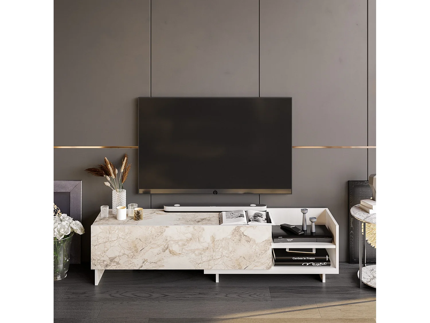 Mueble de TV moderno, blanco, 165 x 35 x 41 cm | Tablero de partículas 100 % melaminizado, 18 mm de grosor | Elegante diseño en antracita para salones con estilo.