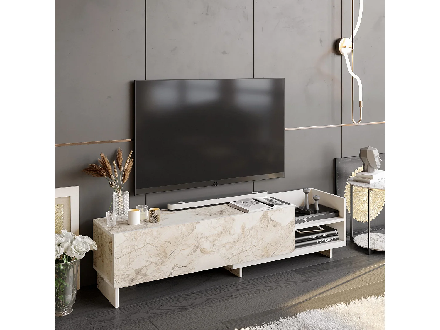 Mueble de TV moderno, blanco, 165 x 35 x 41 cm | Tablero de partículas 100 % melaminizado, 18 mm de grosor | Elegante diseño en antracita para salones con estilo.