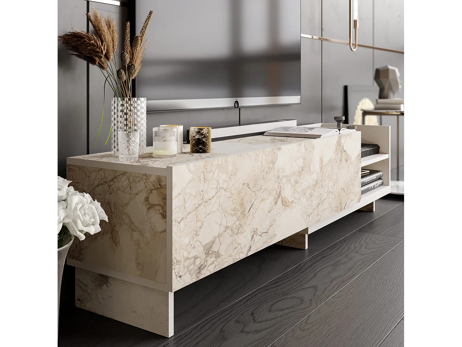 Mueble de TV moderno, blanco, 165 x 35 x 41 cm | Tablero de partículas 100 % melaminizado, 18 mm de grosor | Elegante diseño en antracita para salones con estilo.