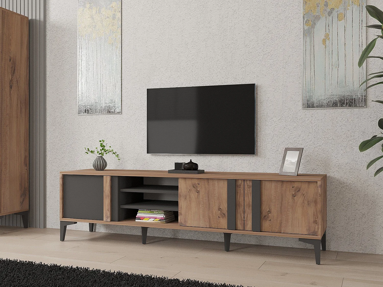 Móvel de TV elegante – 180 cm – Atlântico e Antracite – Painel de partículas revestido a melamina