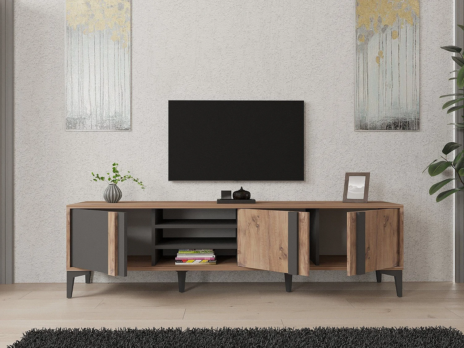 Meuble Tv Farfollo L180cm Bois foncé et Anthracite