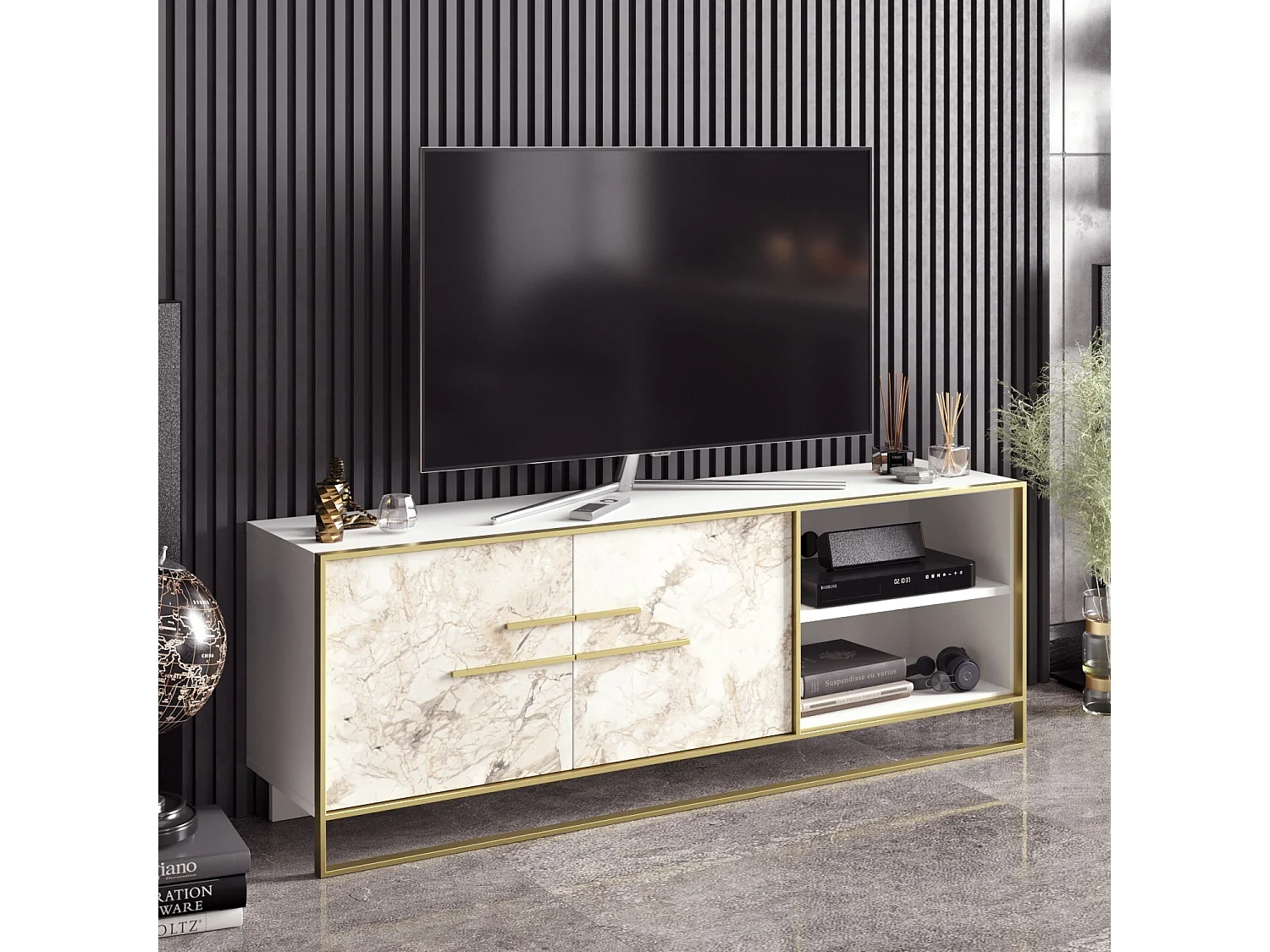 Meuble TV 2 portes et 2 étagères Anita 160cm Métal Or et Bois Blanc effet marbre