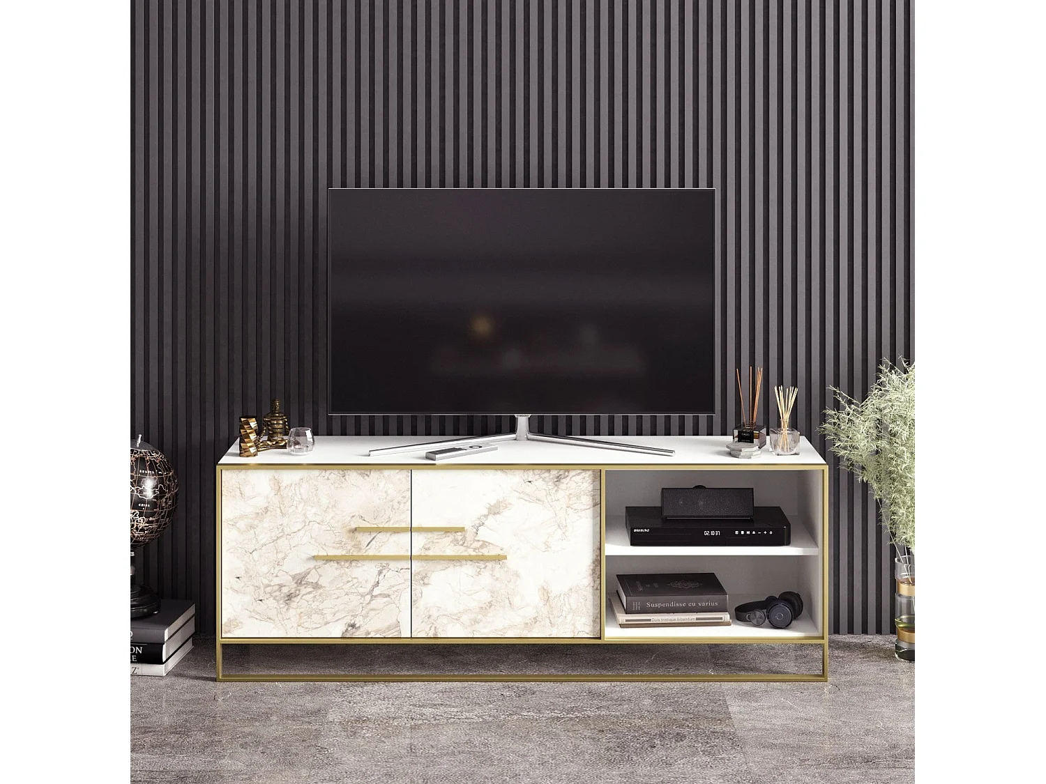 Meuble TV 2 portes et 2 étagères Anita 160cm Métal Or et Bois Blanc effet marbre