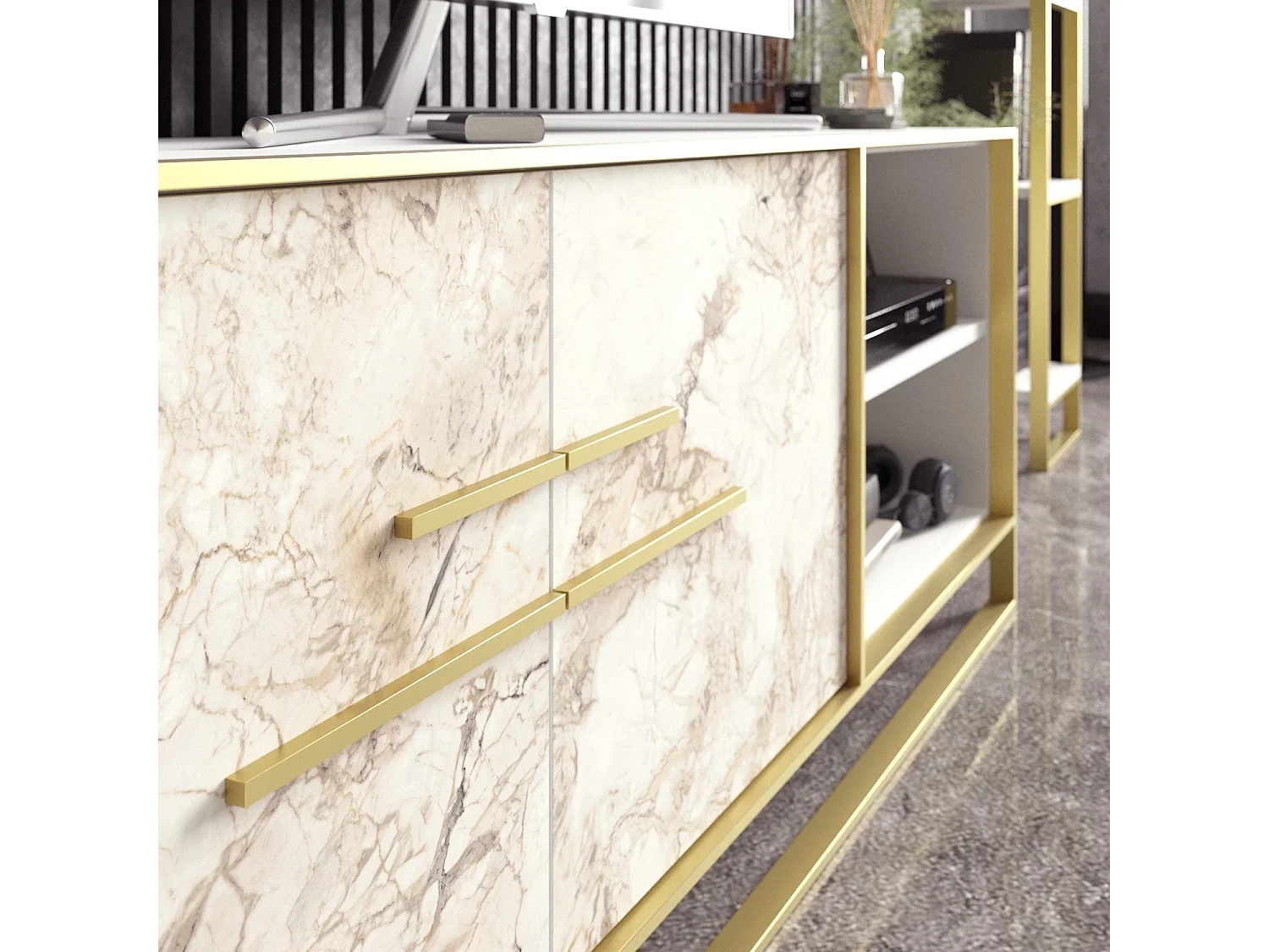 Meuble TV 2 portes et 2 étagères Anita 160cm Métal Or et Bois Blanc effet marbre