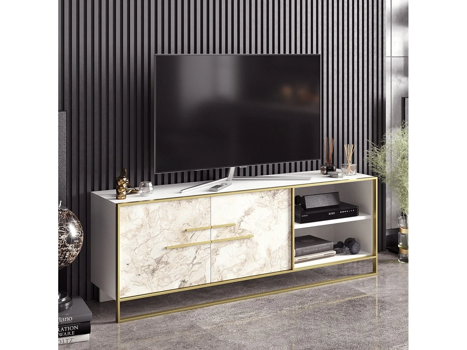 Meuble TV 2 portes et 2 étagères Anita 160cm Métal Or et Bois Blanc effet marbre