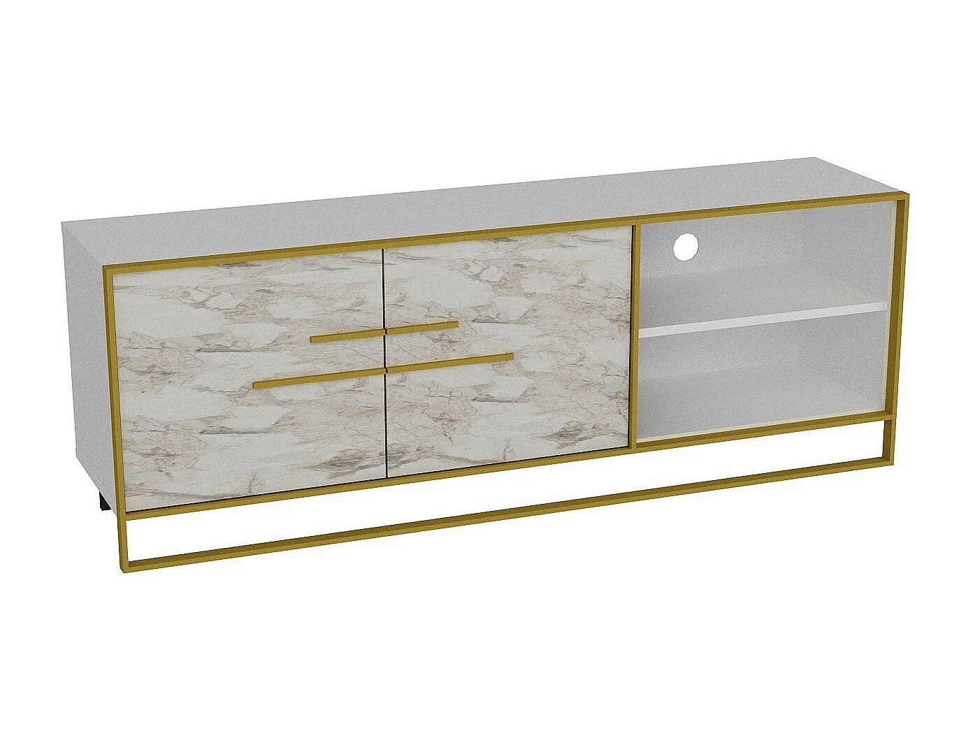 Meuble TV 2 portes et 2 étagères Anita 160cm Métal Or et Bois Blanc effet marbre