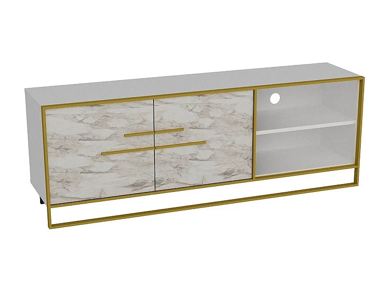 Meuble TV 2 portes et 2 étagères Anita 160cm Métal Or et Bois Blanc effet marbre
