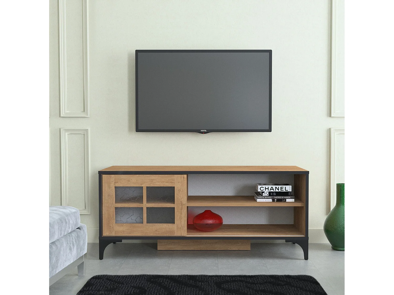 Mueble de TV de melamina – 125 cm x 54 cm x 42 cm – Roble – Tablero de partículas