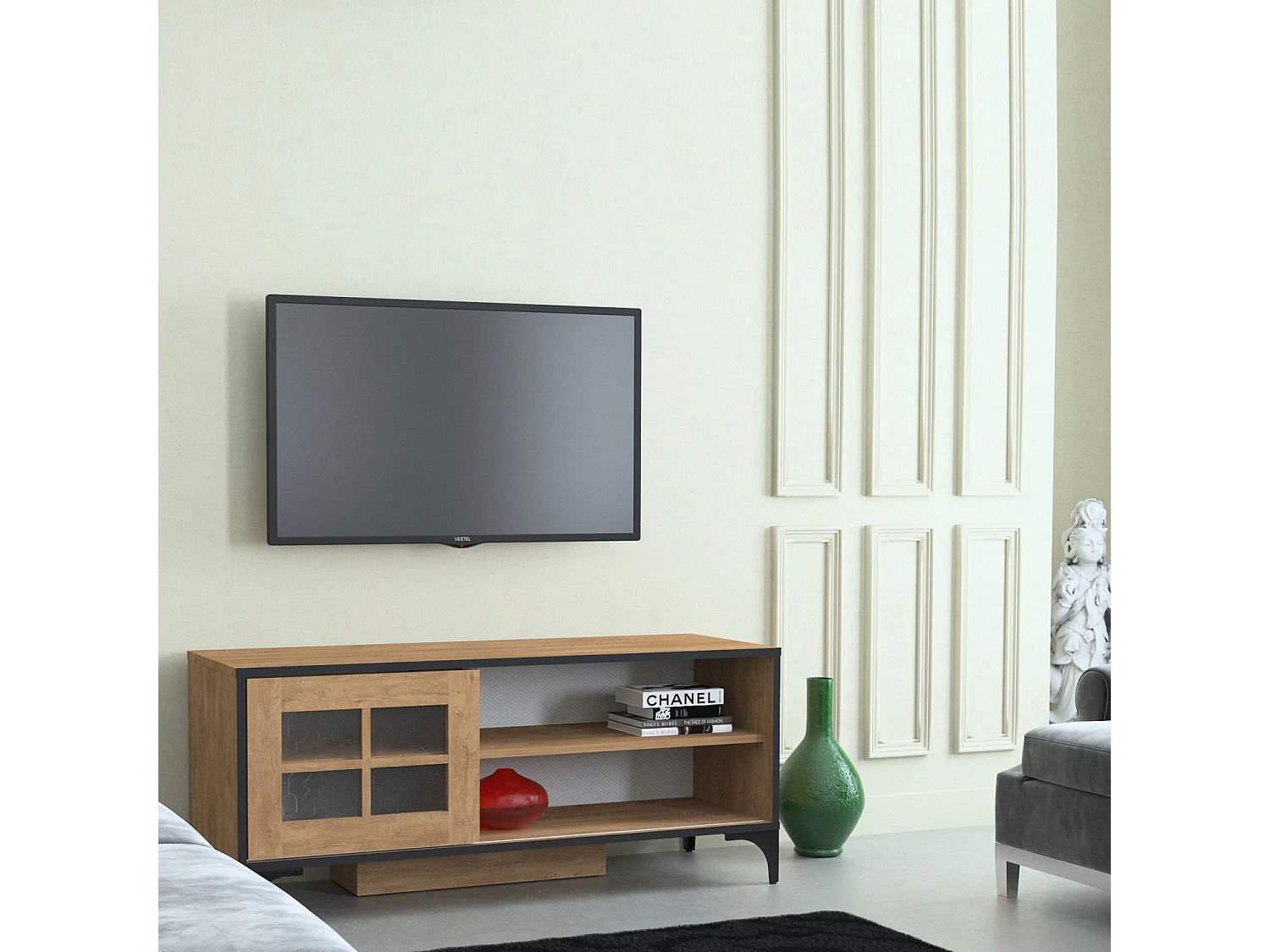 Mueble de TV de melamina – 125 cm x 54 cm x 42 cm – Roble – Tablero de partículas