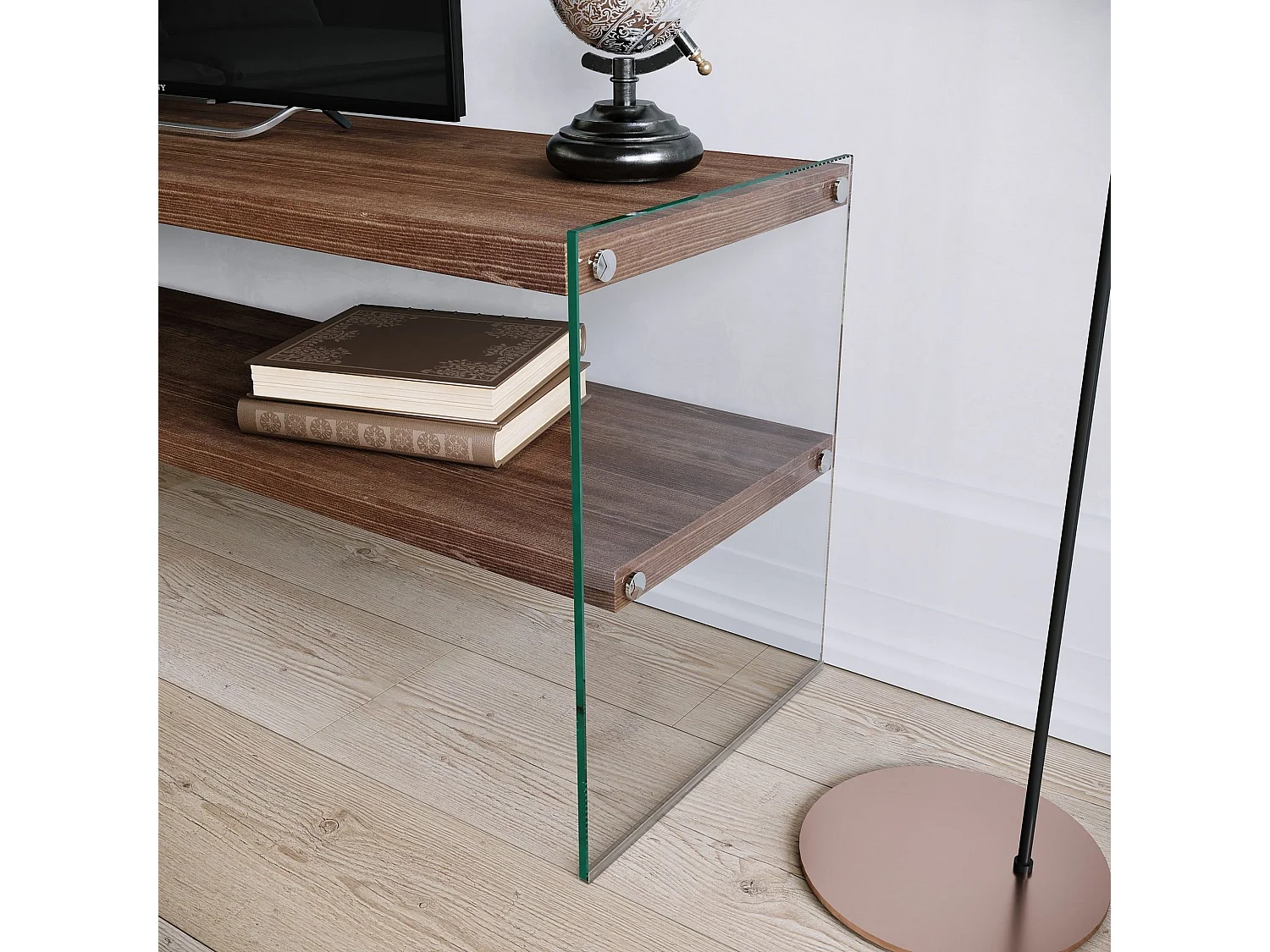 Meuble TV Translucens L120cm Verre trempé Transparent et Pin Massif foncé