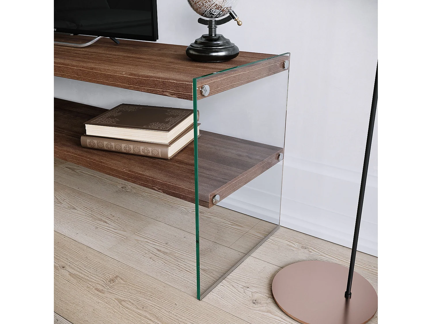 Meuble TV Translucens L120cm Verre trempé Transparent et Pin Massif foncé