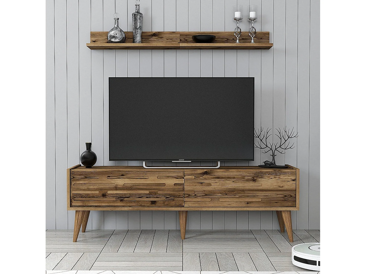 Elegante mueble de TV – 140 cm de ancho – nogal – melamina