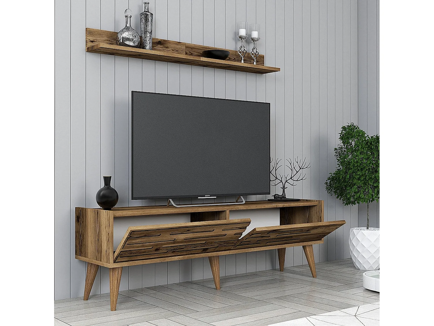 Elegante mueble de TV – 140 cm de ancho – nogal – melamina
