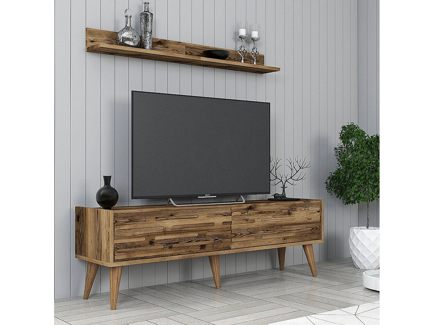 Eleganter TV-Ständer – 140 cm breit – Walnuss – Melamin