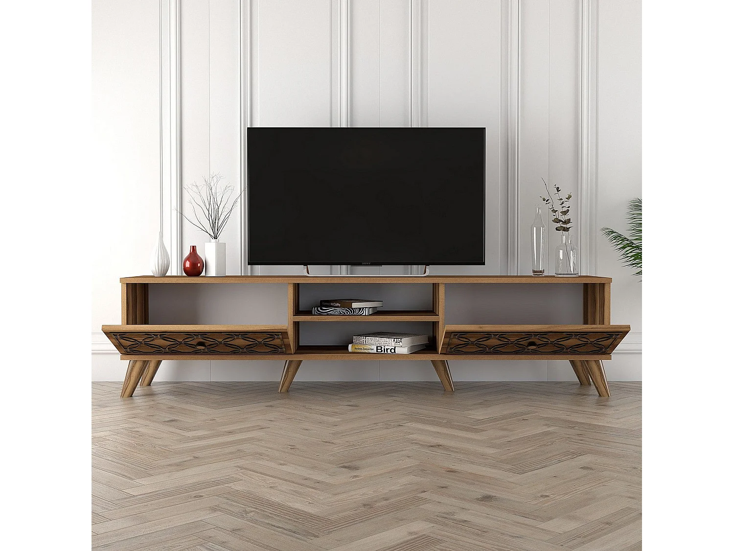 Meuble TV 2 portes et 2 étagères Varize 180cm Motif Arabesque Bois Naturel