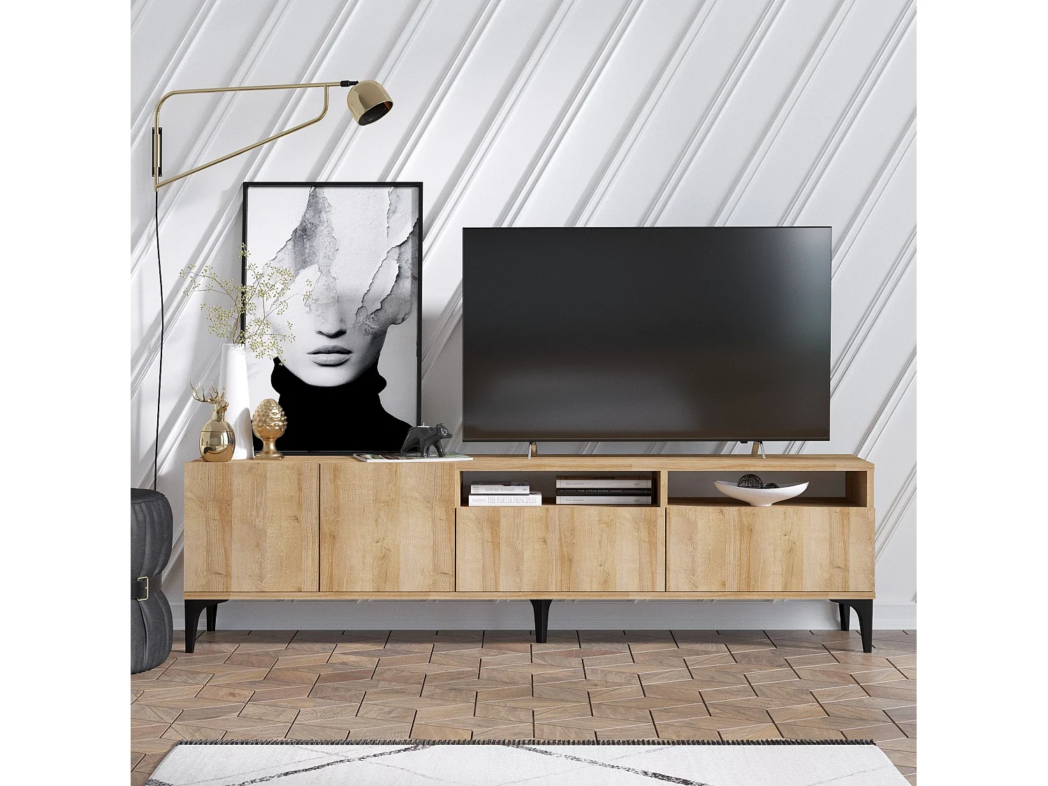 Meuble TV 4 portes et 2 étagères Royden 180cm Chêne clair