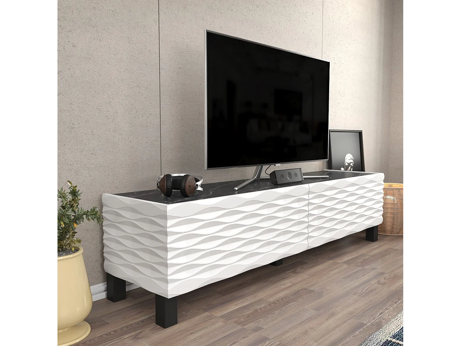 Meuble TV design 2 portes basculantes Vanoise 149cm Blanc et Noir effet marbre